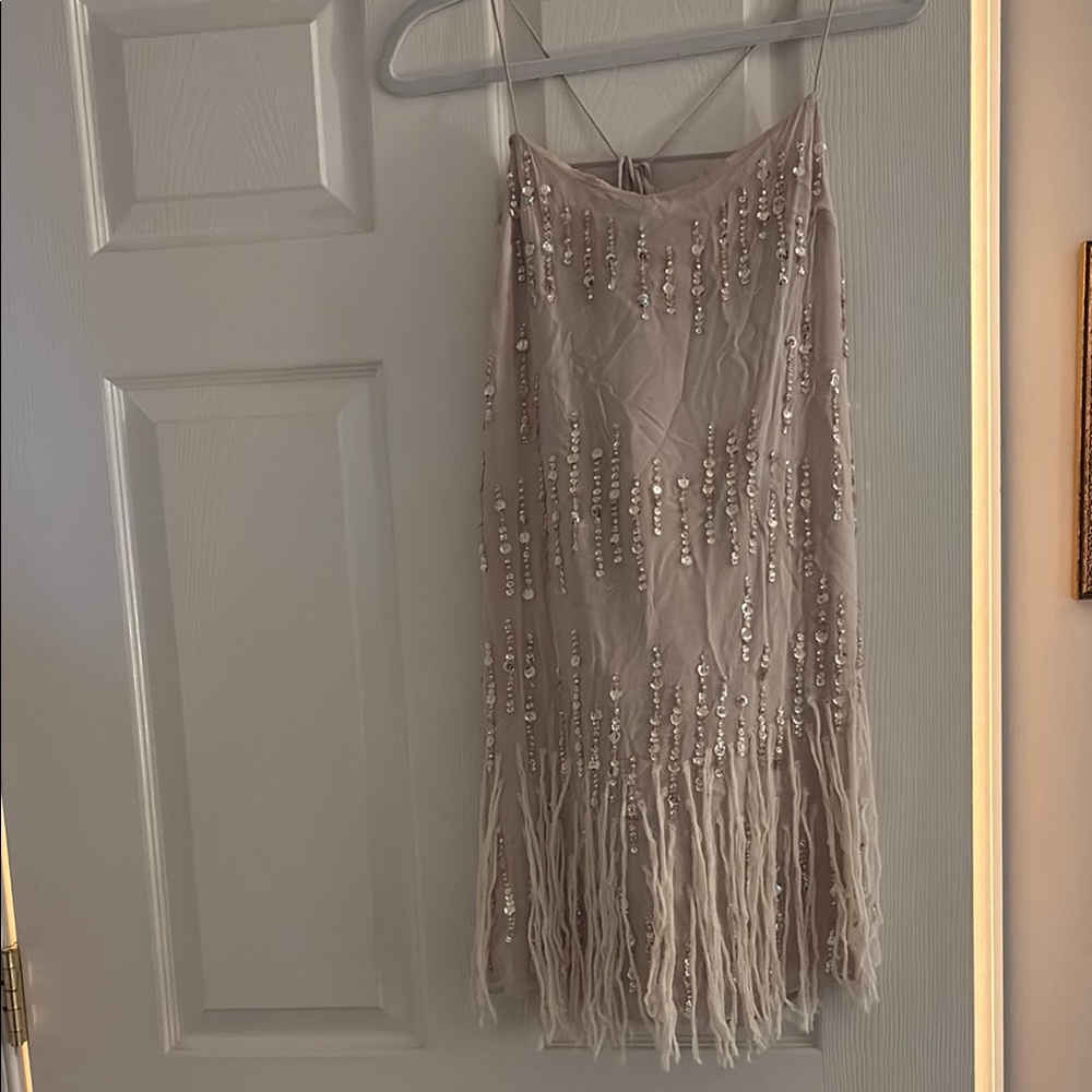Sequin Fringe Dress in Beige